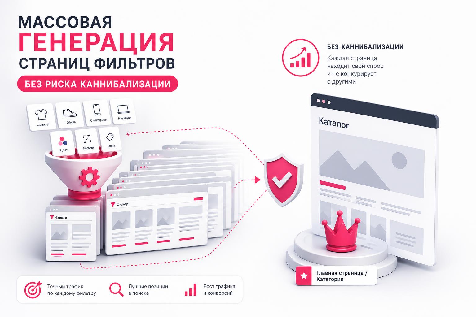Массовая генерация страниц фильтров без риска каннибализации